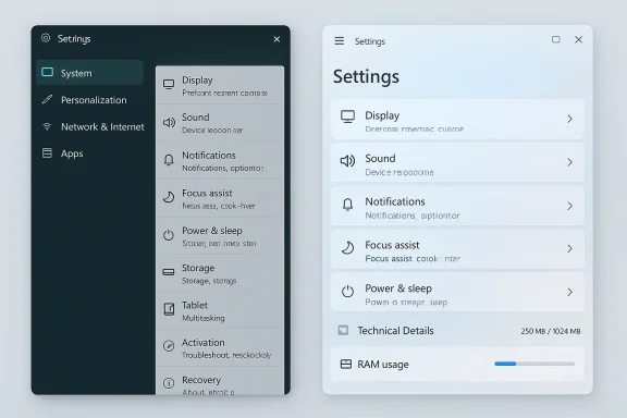 Two side-by-side UI mockups of dark and light Settings menus.