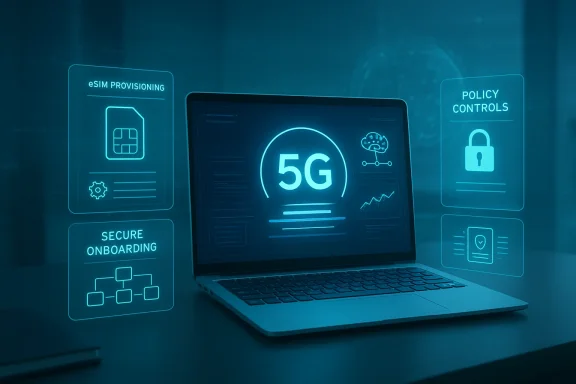 A laptop displays a holographic 5G dashboard with eSIM provisioning and policy controls. A laptop displays a holographic 5G dashboard with eSIM provisioning and policy controls.