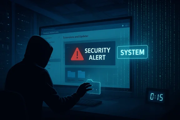 A hooded hacker at a workstation confronts a blue screen displaying SECURITY ALERT and SYSTEM.