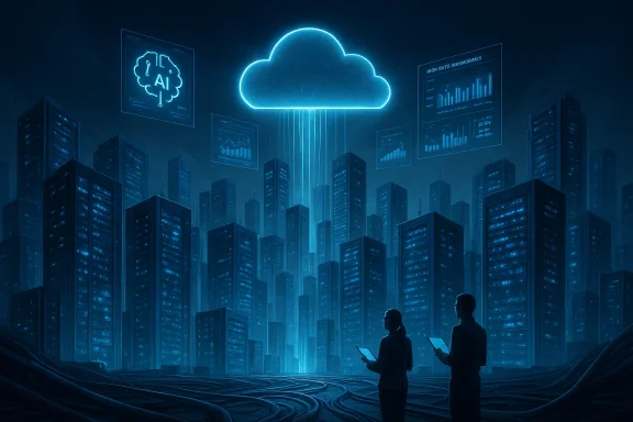 Two professionals stand with tablets in a neon-blue city as a glowing cloud links to floating dashboards.