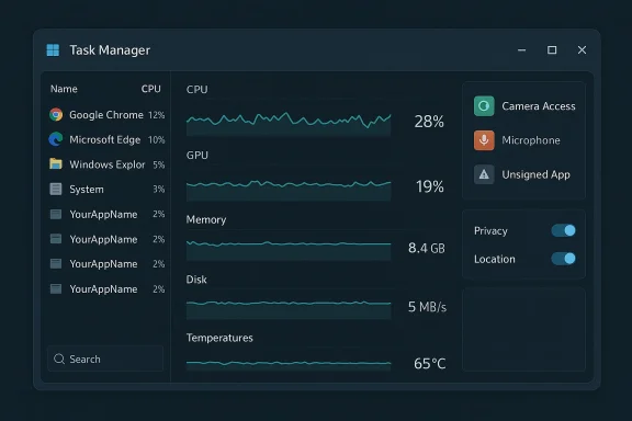 Dark Task Manager UI showing CPU/GPU/Memory usage, app list, and privacy controls.