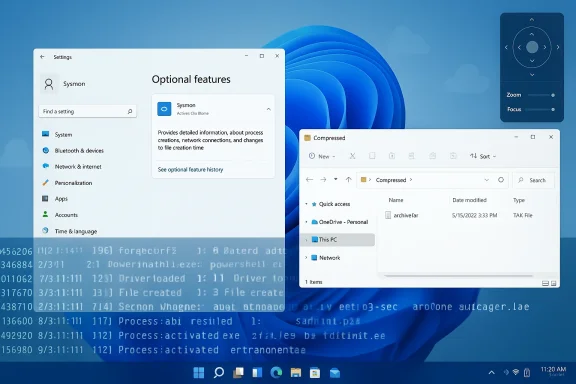 Windows 11 desktop showing Settings and File Explorer windows on a blue wallpaper.
