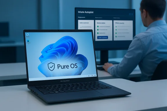 A laptop showing Pure OS sits on a desk as a person monitors a dashboard on a second screen.