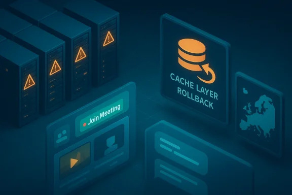 Data centers glow with warnings as a cache-layer rollback concept sits beside a Join Meeting UI.