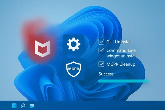 McAfee MCPR cleanup UI on Windows with checkboxes and a progress bar.