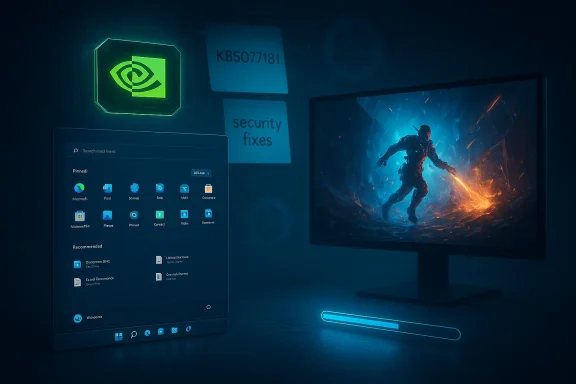 A futuristic desk features a curved monitor showing a sci‑fi game and a neon green eye logo.