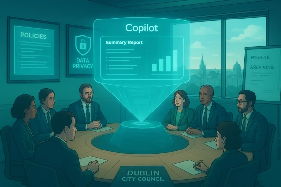 Dublin City Council meeting with a holographic Copilot presenting a summary report.