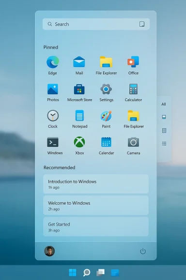 Windows-like start panel with pinned app icons, search bar, and recommended cards.