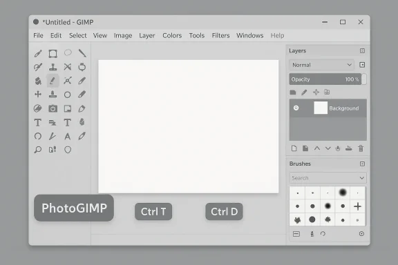 GIMP-like image editor with a blank canvas, left tool panel, right layers, and bottom shortcut badges.