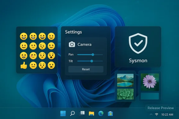 Windows-style desktop with floating widgets: emoji grid, camera settings, Sysmon shield, and photo tiles.