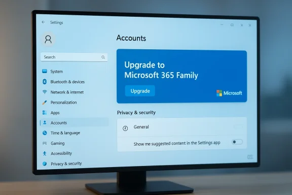 A monitor shows Windows Settings: Accounts page with a blue Microsoft 365 upgrade banner.