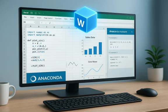 Monitor shows an Excel-like interface with Python code, data charts, and Anaconda branding.