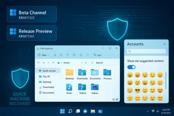 Blue Windows-style desktop showing File Explorer, an Accounts panel, and glowing security shields.