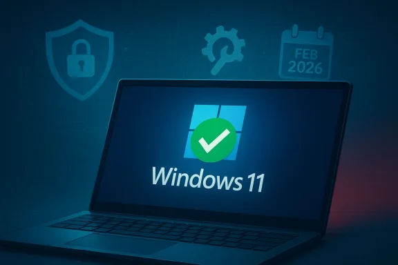 A laptop shows Windows 11 with a green checkmark on the screen, set against a blue security-themed backdrop. A laptop shows Windows 11 with a green checkmark on the screen, set against a blue security-themed backdrop.