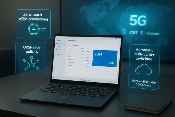 Laptop on a desk displays 5G eSIM provisioning, URSP policies, and automatic multi-carrier switching. Laptop on a desk displays 5G eSIM provisioning, URSP policies, and automatic multi-carrier switching.