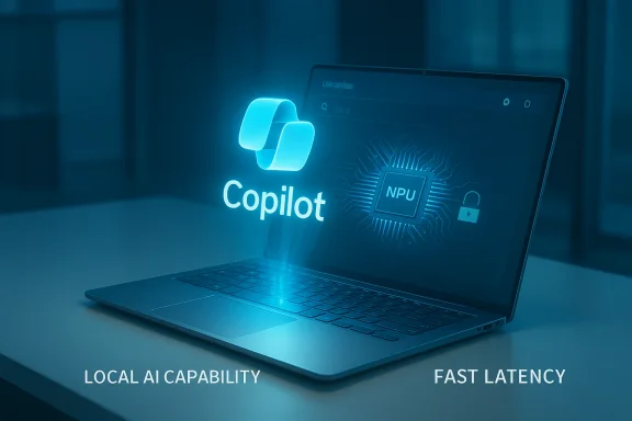 Blue-tinted laptop displays Copilot logo with NPU chip, highlighting local AI capability and fast latency.