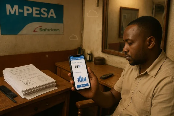 Man sits at a wooden desk, checking the M-PESA mobile money app on his phone.