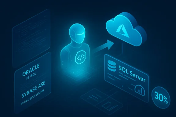 Neon holographic figure transferring Oracle, Sybase ASE and SQL Server data to the cloud.