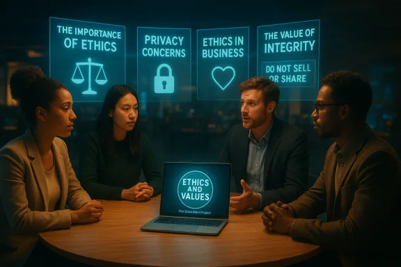 Four diverse professionals discuss ethics and values around a laptop, with glowing ethics panels in the background.