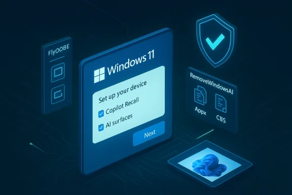 A futuristic Windows 11 setup screen featuring Copilot Recall and AI surfaces with security and app panels.