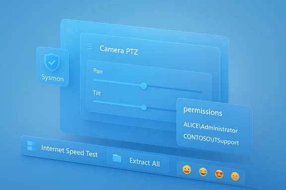 Blue 3D UI mockup of a Camera PTZ panel with pan/tilt sliders and permissions.