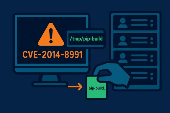 CVE-2014-8991 warning showing a pip-build exploit reaching a server.