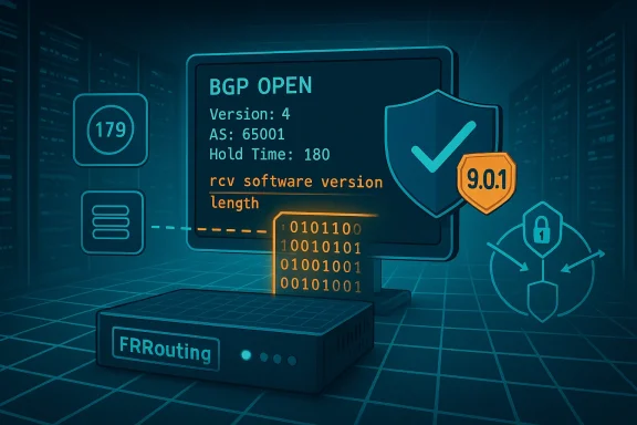 Futuristic data center visualization of a BGP OPEN session and FRRouting hardware.
