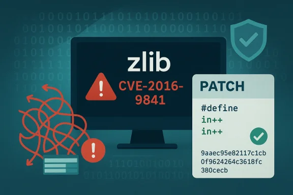 Zlib CVE-2016-9841 vulnerability warning with patch notes.