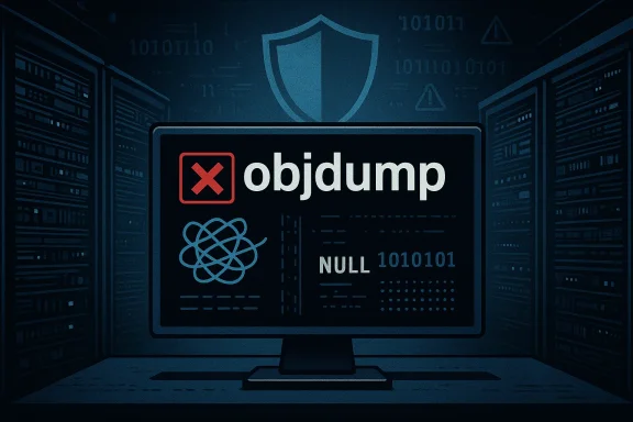 Server-room monitor shows objdump with a red X, React logo, and binary code.