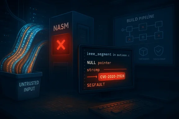 Futuristic data lab with untrusted input, a red X error, and CVE-2020-21528 on screen.