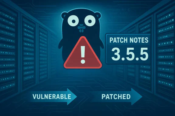 A data-center mascot flags a vulnerability and the patch 3.5.5.