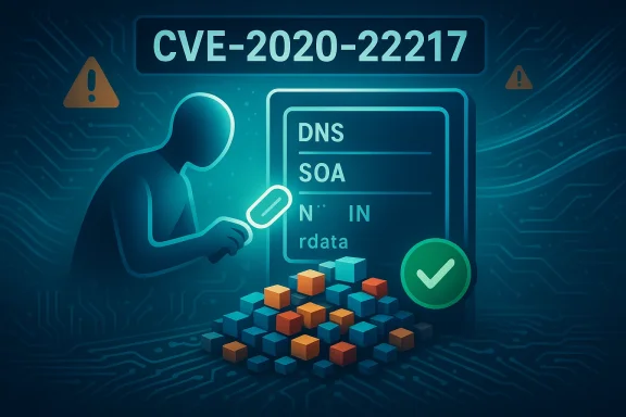 Hacker analyzes the CVE-2020-22217 vulnerability with a magnifying glass beside a stack of colorful cubes.