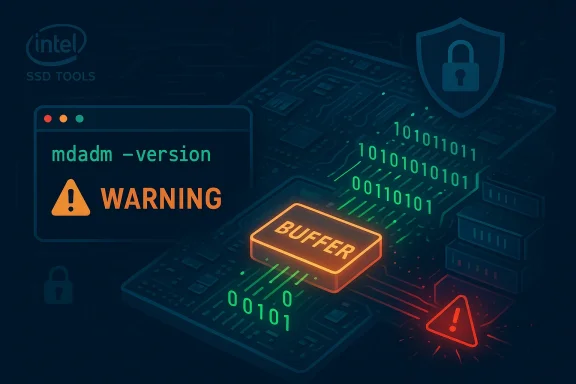 Neon circuit board with a glowing BUFFER chip and a warning for mdadm.