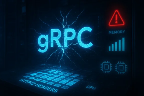 Neon blue gRPC logo cracks on a server panel with a red memory warning icon.