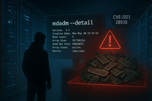 A person in a data center faces a screen showing mdadm --detail beside a pile of memory modules.