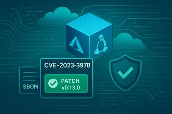 Illustration of patching CVE-2023-3978 for Azure and Linux, featuring SBOM and a security shield.