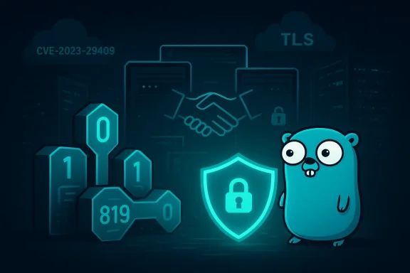 Go gopher beside a glowing shield as TLS handshake and CVE-2023-29409 security scene unfolds.