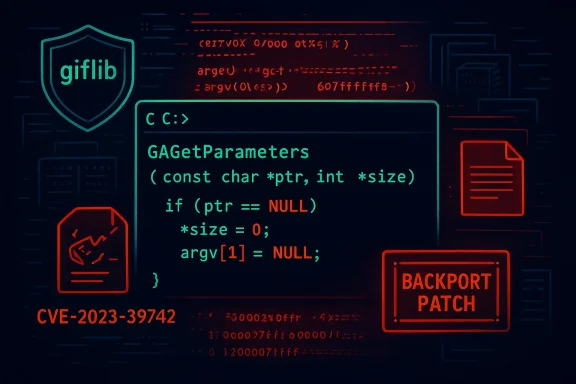 Neon code art showing a C-like function, CVE-2023-39742 patch notes, a BACKPORT PATCH badge and giflib shield.
