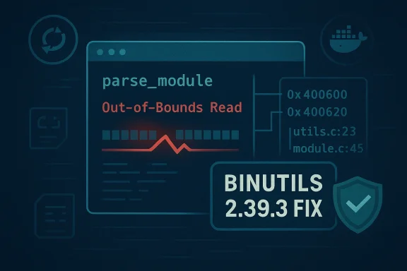 Code screen showing an Out-of-Bounds Read and a BINUTILS 2.39.3 fix.