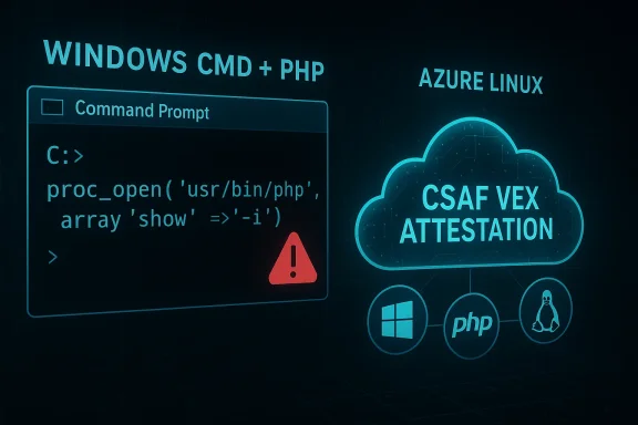 Tech diagram showing Windows CMD+PHP prompt and CSAF VEX attestation in an Azure Linux cloud.