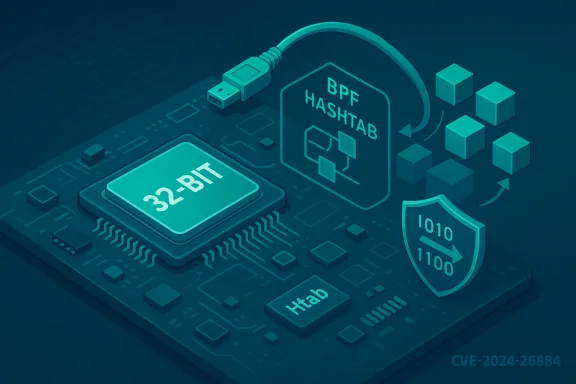 Illustration of a 32-bit CPU with BPF hash tab, security shield, and CVE-2024-26884.