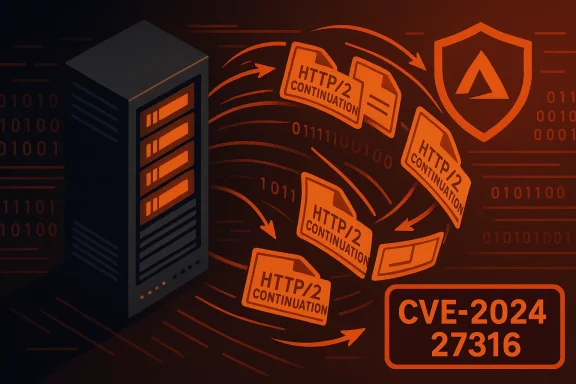 Server surrounded by HTTP/2 continuation tags, illustrating the CVE-2024-27316 vulnerability.