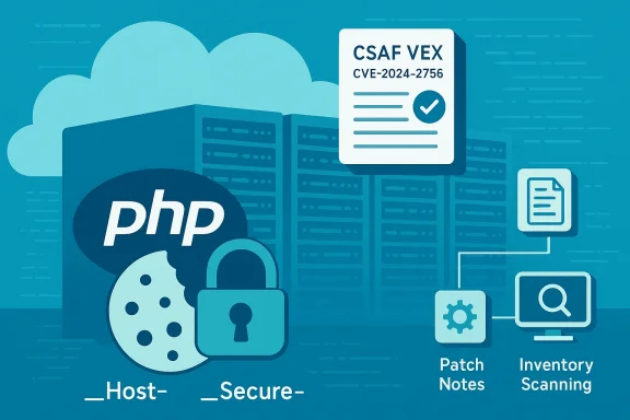 Illustration of a PHP hosting stack with cloud, security lock, CVE patch notes and inventory scanning.