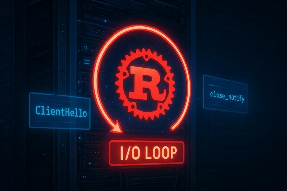 Neon red I/O LOOP sign on a server rack, with TLS handshake terms ClientHello and close_notify.