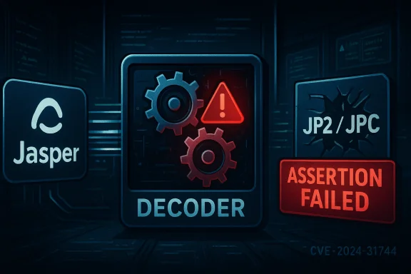 A dark cyber dashboard labeled Jasper centers a Decoder with gears and a red alert (CVE-2024-31744).
