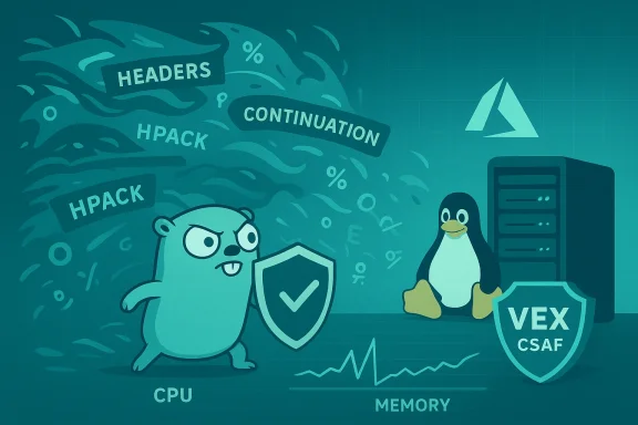 Cartoon CPU bear battles HPACK headers as a Linux penguin guards a server with VEX CSAF shield.