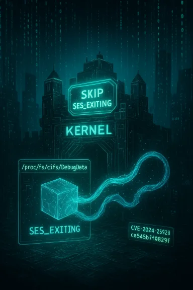 Neon cityscape featuring a glowing KERNEL sign and a data cube labeled SES_EXITING.