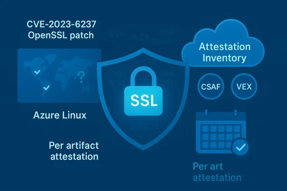 Security infographic showing SSL attestation, an OpenSSL patch (CVE-2023-6237), and cloud inventory.