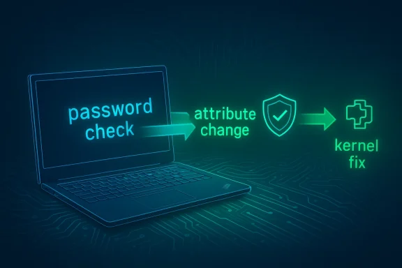 A neon laptop screen shows password check flowing to attribute change and then kernel fix.