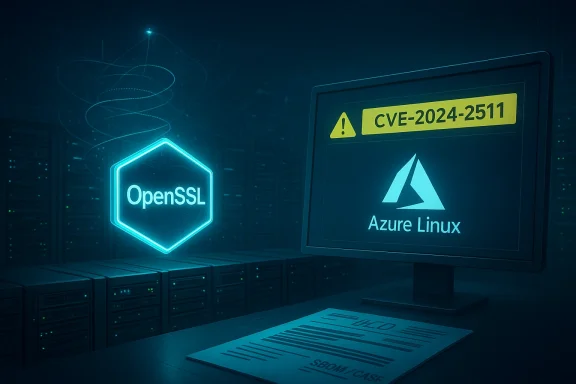Neon OpenSSL emblem glows in a data center beside an Azure Linux monitor warning CVE-2024-2511.